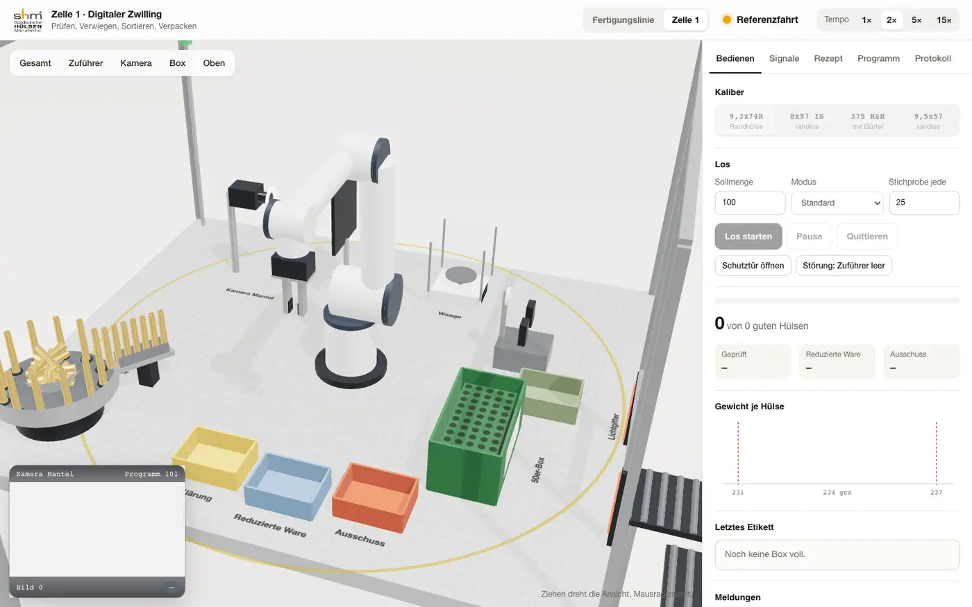 Roboterzelle in 3D mit Zuführer, Waage und Boxen für gute, reduzierte und ausgeschleuste Ware